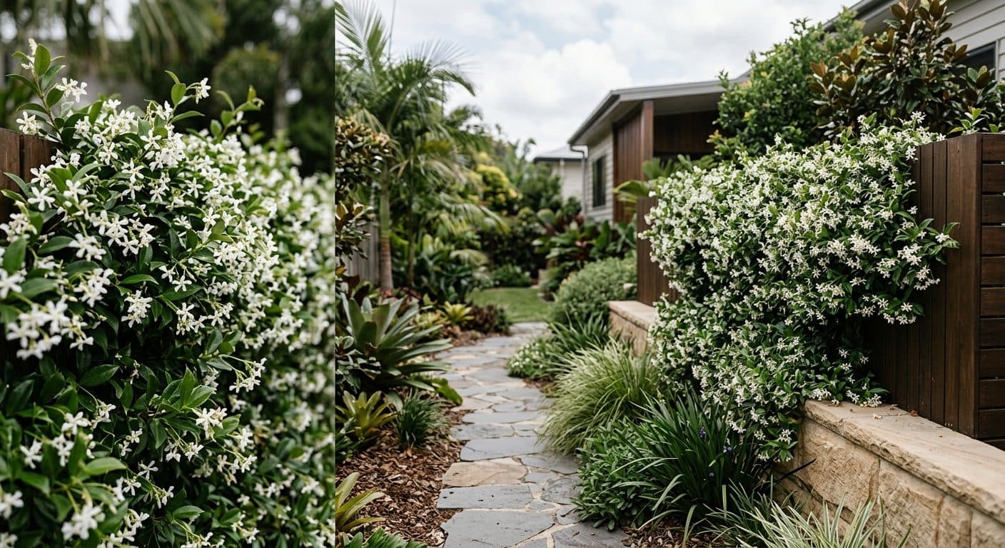 Scented white star jasmine flowers over a sheet of glossy green foliage on a Brisbane garden wall in a Brisbane garden setting