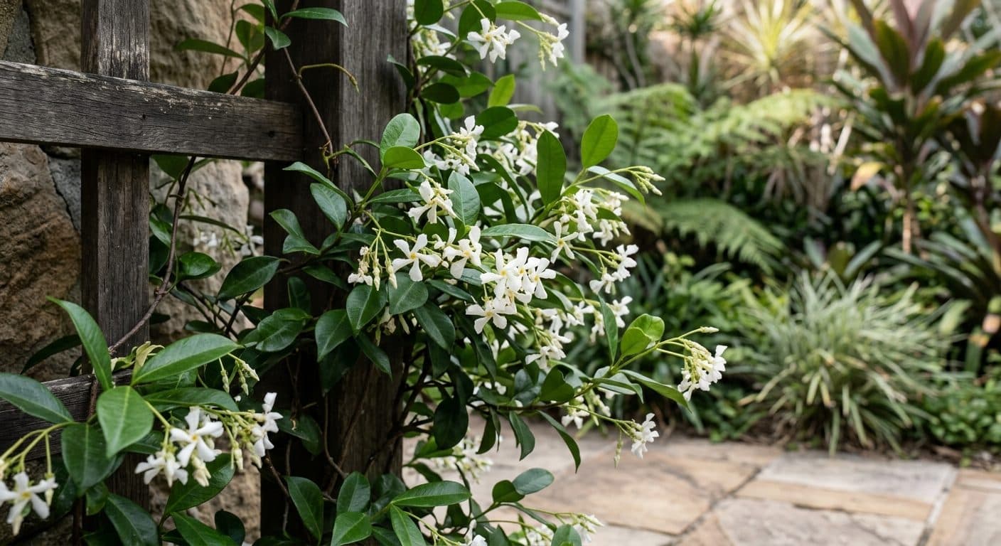 Scented white star jasmine flowers over a sheet of glossy green foliage on a Brisbane garden wall detail