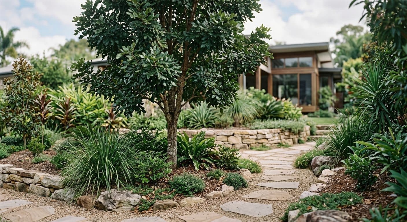 Tuckeroo shade tree with a dense glossy green canopy and orange seed capsules in a coastal Brisbane garden in a Brisbane garden setting