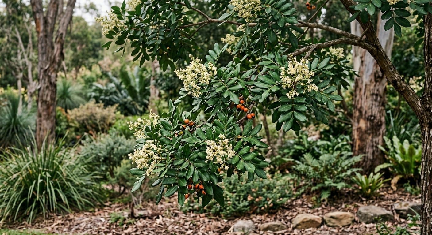 Tuckeroo shade tree with a dense glossy green canopy and orange seed capsules in a coastal Brisbane garden detail