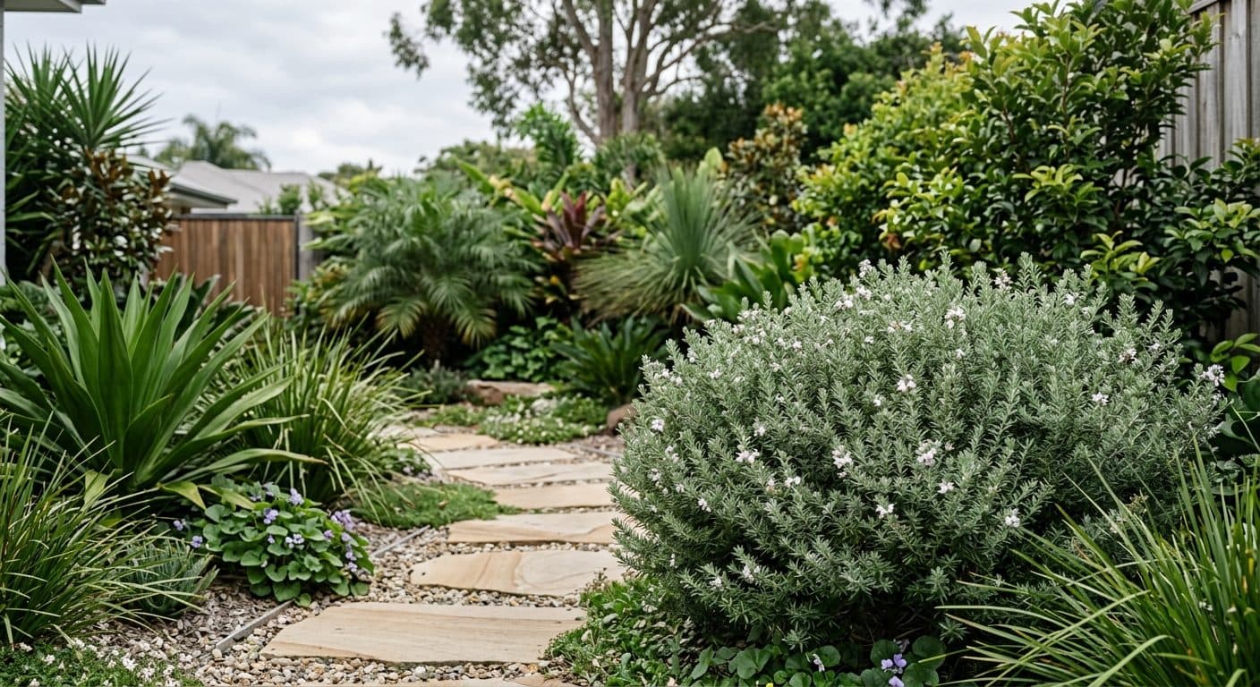 Clipped grey-green coastal rosemary shrub dotted with pale mauve flowers in a Brisbane native garden in a Brisbane garden setting