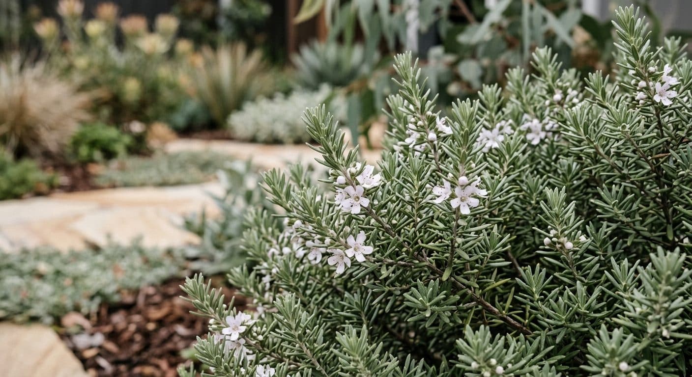 Clipped grey-green coastal rosemary shrub dotted with pale mauve flowers in a Brisbane native garden detail