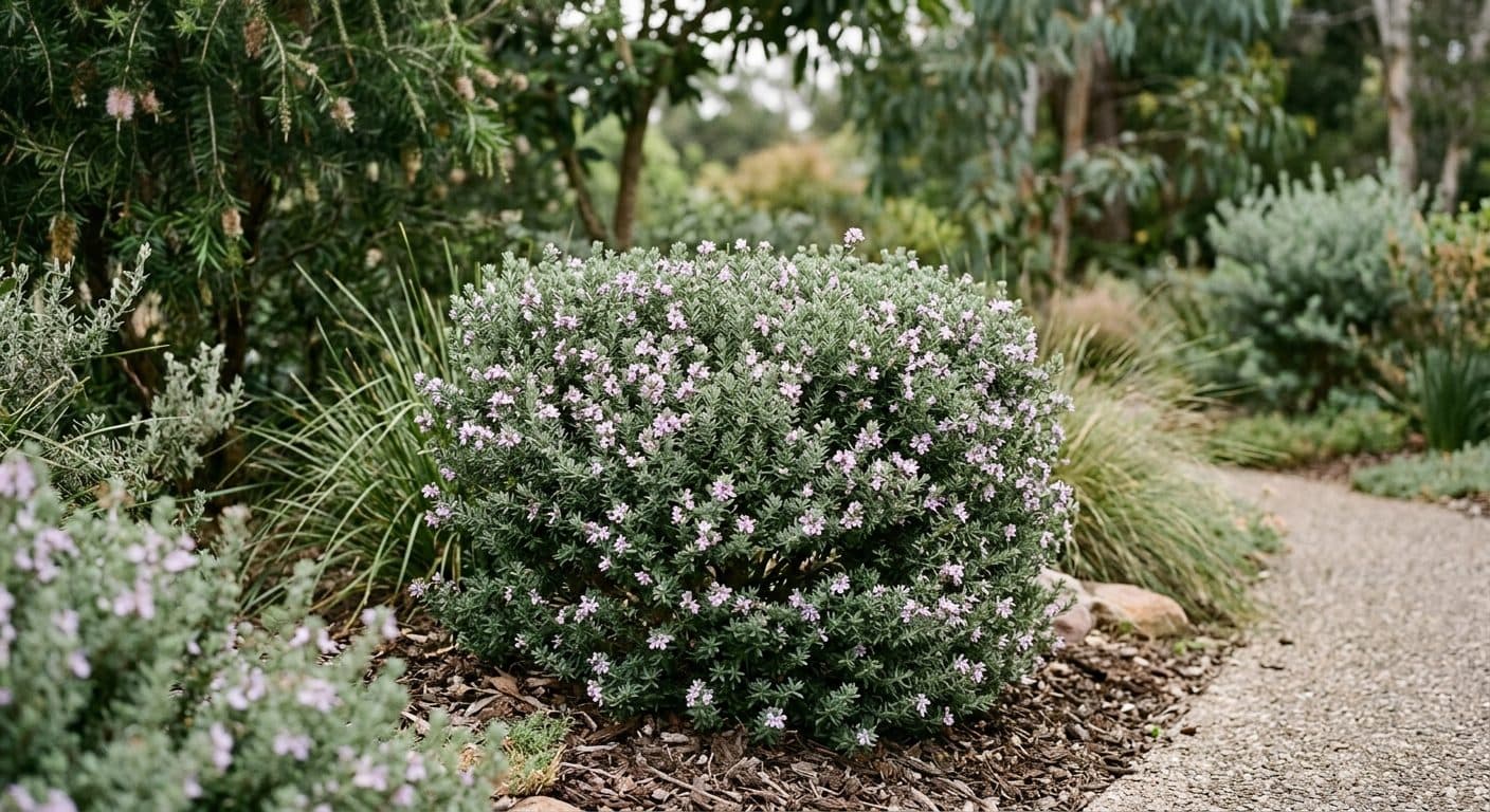 Clipped grey-green coastal rosemary shrub dotted with pale mauve flowers in a Brisbane native garden